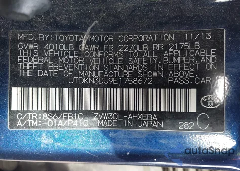 2014 Toyota Prius Two from USA, damaged, VIN JTDKN3DU9E1758672